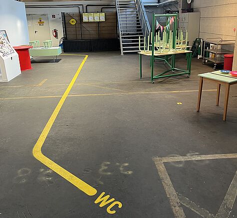 Auf dem dunkel gestrichenen Betonboden ist deutlich abgesetzt ein gelber Streifen zu sehen, an dessen Anfang "WC" steht. Er führt an Cafétischen mit hochgestellten Stühlen (rechts) vorbei auf einen Zaum zu, an dem ein rundes Schild mit "WC" hängt.