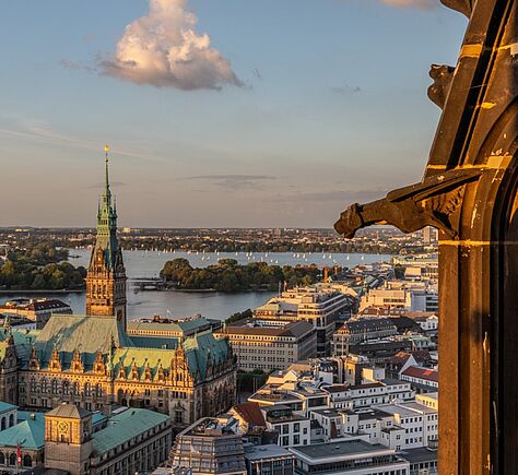 Blick über die Stadt mit vielen Gebäuden und einem großen Rathaus mit grünem Dach. Im Hintergrund ist Wasser mit vielen kleinen Booten zu sehen. Das warme Licht lässt die Szene ruhig und golden wirken.