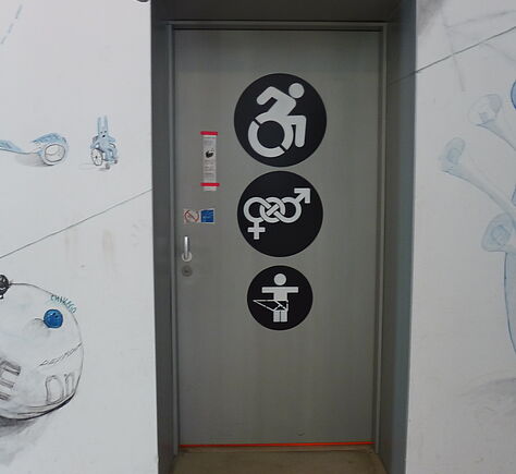 Auf der hellgrauen Tür befinden sich 3 große Aufkleber mit den Piktogrammen für Rollstuhl, "all gender" (biol. Frauenzeichen neben dem Zeichen für Männer, verbunden mit einem kleineren Kreis in dem sich die Linien kreuzen. Darunter ein Piktogramm für Wickeln