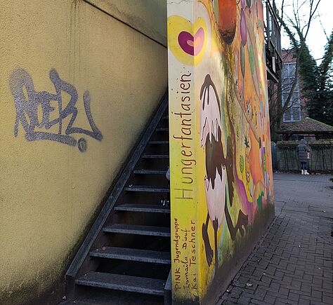 Zwischen Hauswand und einer vorgesetzten Mauer führt eine Feuertreppe nach oben. Auf der Mauer befindet sich ein Wandbild mit abstrakten Formen in gelb-roten Farben. Vorn an der Schmalseite steht groß: Hungerfantasien, darunter, kleiner, PINK Jugendgruppe, Ismaila Diouf, Kai Teschner