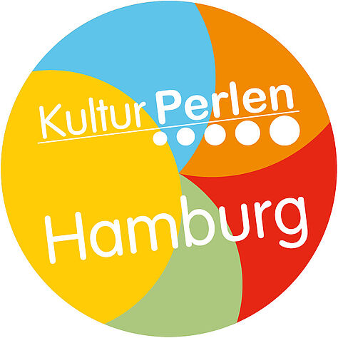 Das Logo der KulturPerlen als Sticken. Wie ein bunter Ball mit der Aufschrift KulturPerlen (oben) und Hamburg (unten)