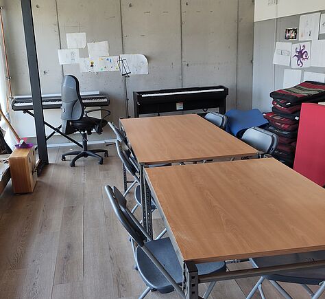 In der Mitte des länglichen Raumes stehen 2 Tische (längs). Im Hintergrund ist eine Betonwand zu sehen, an der verschiedene DinA4-Zettel hängen. Rechts eine Leichtbauwand, an der Zeichnungen festgeklabt sind, deutlich ist ein blauer Oktopus zu erkennen. Viekl Licht fällt von links in den Raum