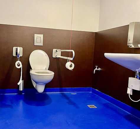 Das WC ist kontrastreich gestaltet, der Boden blau, die Wände bis Brusthöhe auberginefarben gestrichen. 